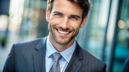 Naklejka premium Smiling Businessman: A close-up image of a smiling businessman wearing a suit, highlighting approachability and success. 