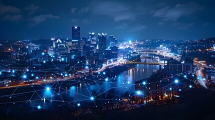 A city skyline at night, connected by glowing data connections and light bulbs symbolizing the internet of things. With a dark blue sky in the background.
