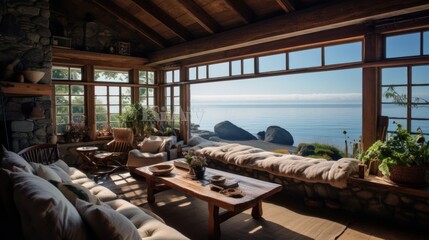 Fototapeta premium living room in an old wooden house, with large windows framing 