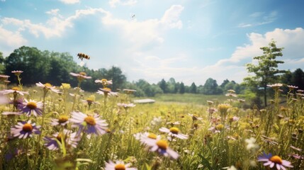meadow filled with wildflowers and buzzing bees, with clean air and a feeling of serenity, 