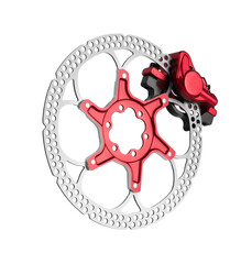 Bicycle disk brake caliper and rotor isolated on white