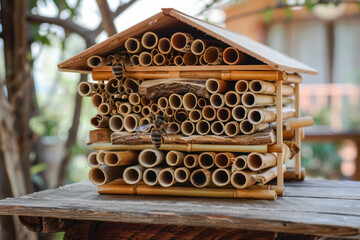 Insect House with Bees. A close-up of an insect house made from bamboo tubes with bees entering and exiting.