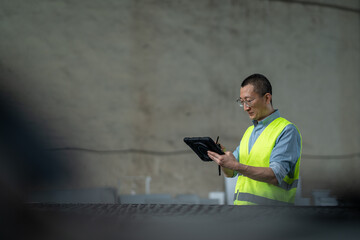 person working with tablet in workshop