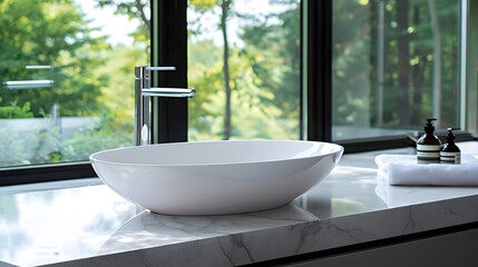 The sink, featuring an elegant white oval shaped vessel sink on top of a sleek marble countertop in front of large windows with outdoor views. The modern bathroom exudes luxury and comfort. 
