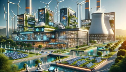 Futuristic AI-managed nuclear power plant, featuring advanced modern architecture with sleek, high-tech 