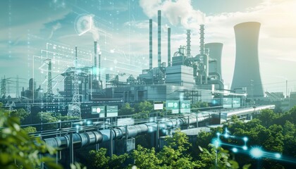 Obraz premium Futuristic AI-managed nuclear power plant, featuring advanced modern architecture with sleek, high-tech 