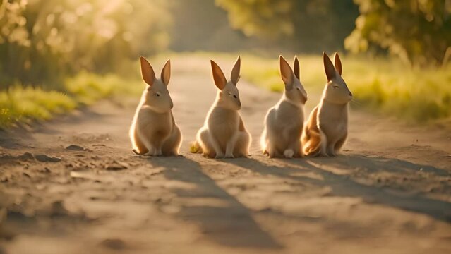 Three Rabbits Sitting in Middle of Dirt Road Generative AI