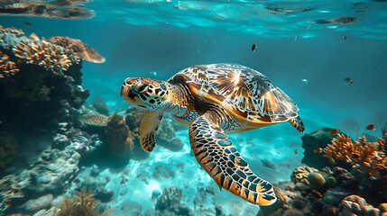 Fototapeta premium Within vibrant coral reefs of the Caribbean a sea turtle glides gracefully through crystalclear waters