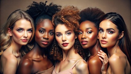 Obraz premium Face portrait, diversity and beauty of women in studio isolated on a brown background. Makeup cosmetics, skincare and group of female models with healthy or glowing skin after spa facial treatment.