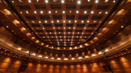 Obraz premium Viewed from beneath, expansive ceiling of an auditorium, lighting fixtures and architectural details, ready for assemblies, showcasing grandeur