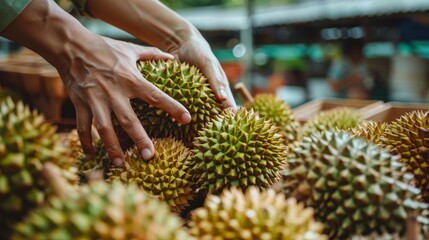 22. Close-up of a person's hand selecting a durian fruit from a pile at a market stall, carefully inspecting each one before making a choice.