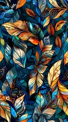aquafleur zentangle pattern in stained glass creating a scene of graceful elegant feathers; the feathers are rich with aquafleur details;