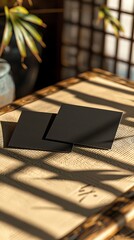 Elegant shadow patterns on two black paper sheets on a tatami mat, creating a serene ambient setting.