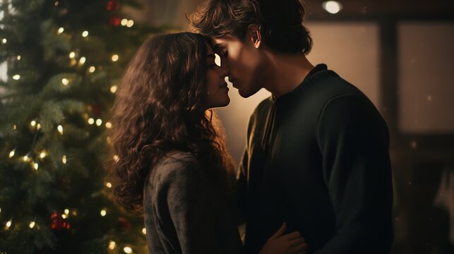 a young couple kissing passionately under a mistletoe,