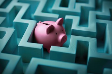 One piggy bank trapped in maze. Conceptual financial planning background.