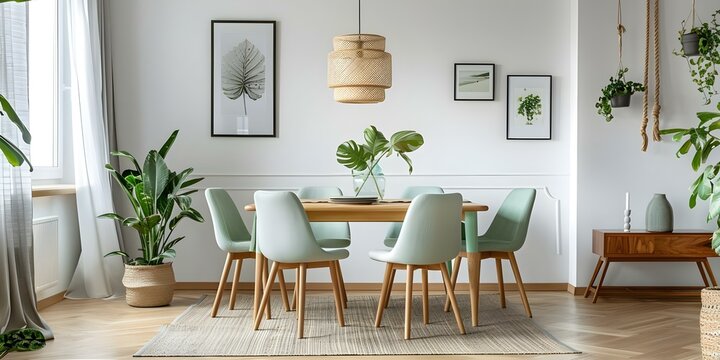 Modern Scandinavian dining room with mint chairs wooden table and green accents. Concept Scandinavian Design, Dining Room Decor, Mint Chairs, Wooden Table, Green Accents