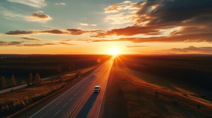  cars on the road rushing towards the sunset. 