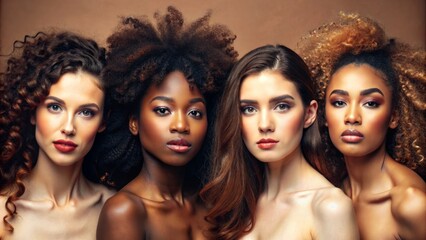 Obraz premium Face portrait, diversity and beauty of women in studio isolated on a brown background. Makeup cosmetics, skincare and group of female models with healthy or glowing skin after spa facial treatment.