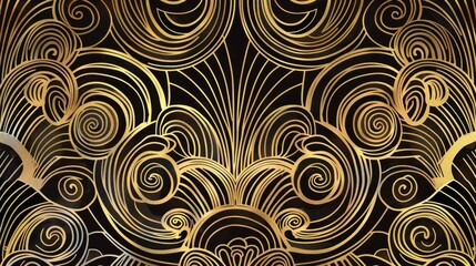 Vector art deco pattern with geometric shapes, arches, and swirls, golden vintage artistic linear ornament, luxurious and detailed design