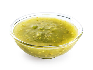 Tomatillo Salsa Verde sauce in a bowl isolated on white background. With clipping path.