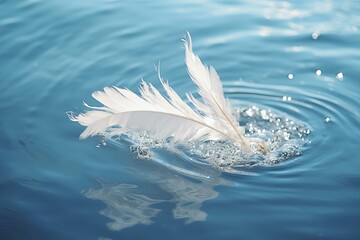 Delicate white feather gently lands on the tranquil surface of a blue water body