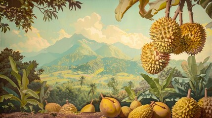 35. Vintage travel poster featuring a durian orchard set against a picturesque backdrop, inviting viewers to explore exotic destinations