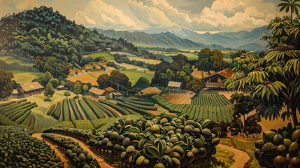 36. American Regionalism-style durian painting depicting rural life and agricultural scenes, with a focus on realism and narrative storytelling