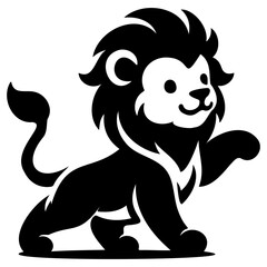 Silhouette of a cute lion cub. Black and white vector illustration of a baby lion. Wildlife and animal concept. Design for poster, banner, and print