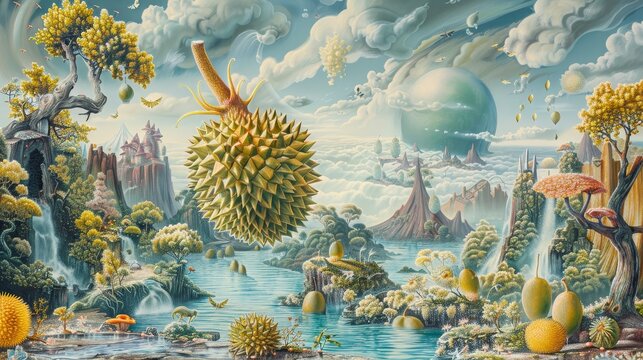 45. Lowbrow pop surrealism artwork featuring a durian floating in a dreamlike landscape populated by surreal creatures and whimsical elements