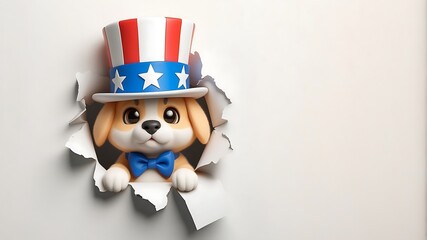 Fototapeta premium 3d cute dog with uncle sam hat, 4th of July poster peeking out of a hole in the wall, jumps out of a torn hole 