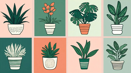 Set of cartoon stickers featuring different houseplants in pots. Illustration of many potted houseplants and flowers, gardening hobby concept	