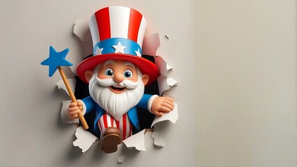 Obraz premium 3d cute gnome uncle sam, 4th of July poster peeking out of a hole in the wall, jumps out of a torn hole 