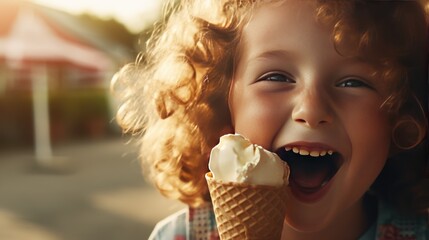 Happy young woman uses tongue to lick sweet ice-cream in waffle cone 