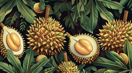 64. Art Deco luxury durian illustration with elegant lines and glamorous detailing, evoking the opulence and sophistication of the Art Deco era