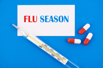 The text of the Flu Season is written on a white card. A thermometer and pills lie nearby.