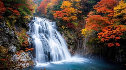 A majestic waterfall surrounded by colorful autumn foliage.