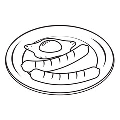 Sausage on a plate, black outline coloring, doodle style