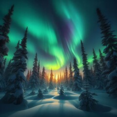 A mesmerizing aurora borealis dances across the sky above a snow-covered forest, casting an ethereal glow on the landscape.