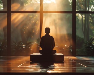 A monk meditates in a temple. The sun shines through the windows and illuminates the room. The monk is at peace.