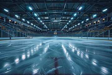 A portrait of a hockey ice rink sports arena with a dark theme and big space for text or sports product advertisement space background, Generative AI.