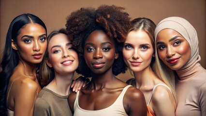 Obraz premium Face portrait, diversity and beauty of women in studio isolated on a brown background. Makeup cosmetics, skincare and group of female models with healthy or glowing skin after spa facial treatment.