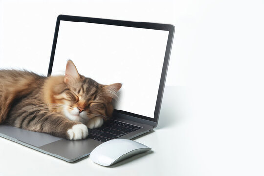 cat sleeping on a laptop with white mockup screen, isolated white background