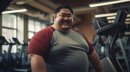 a happy fat Asian man in the gym, 