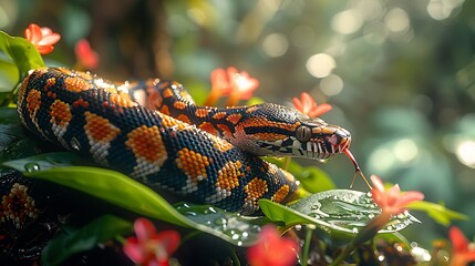 Amidst lush foliage of tropical rainforest Ball Python slithers silently through undergrowth iridescent scale shimmering like precious jewel dappled sunlight. sinuous body coiled anticipation wait pat