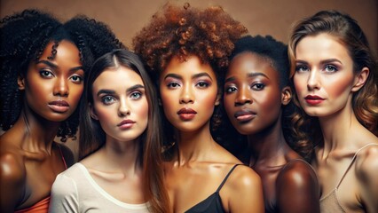 Obraz premium Face portrait, diversity and beauty of women in studio isolated on a brown background. Makeup cosmetics, skincare and group of female models with healthy or glowing skin after spa facial treatment.