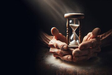 Old hands hold Hourglass with falling sand Isolated on black background spot light