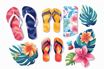 Stylish illustration icons of summer sales featuring flip flops and swimsuits.