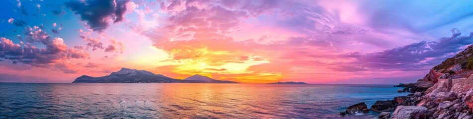 Fototapeta premium A panoramic view of a beautiful colorful sunset over the sea with a mountain range in the background