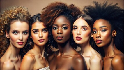 Obraz premium Face portrait, diversity and beauty of women in studio isolated on a brown background. Makeup cosmetics, skincare and group of female models with healthy or glowing skin after spa facial treatment.