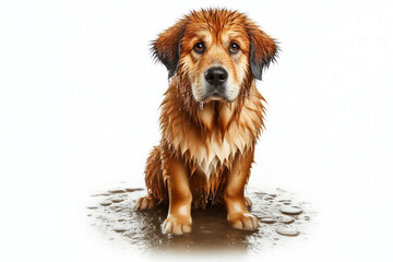 Unimpressed looking dog sitting drenched in water isolated on white background